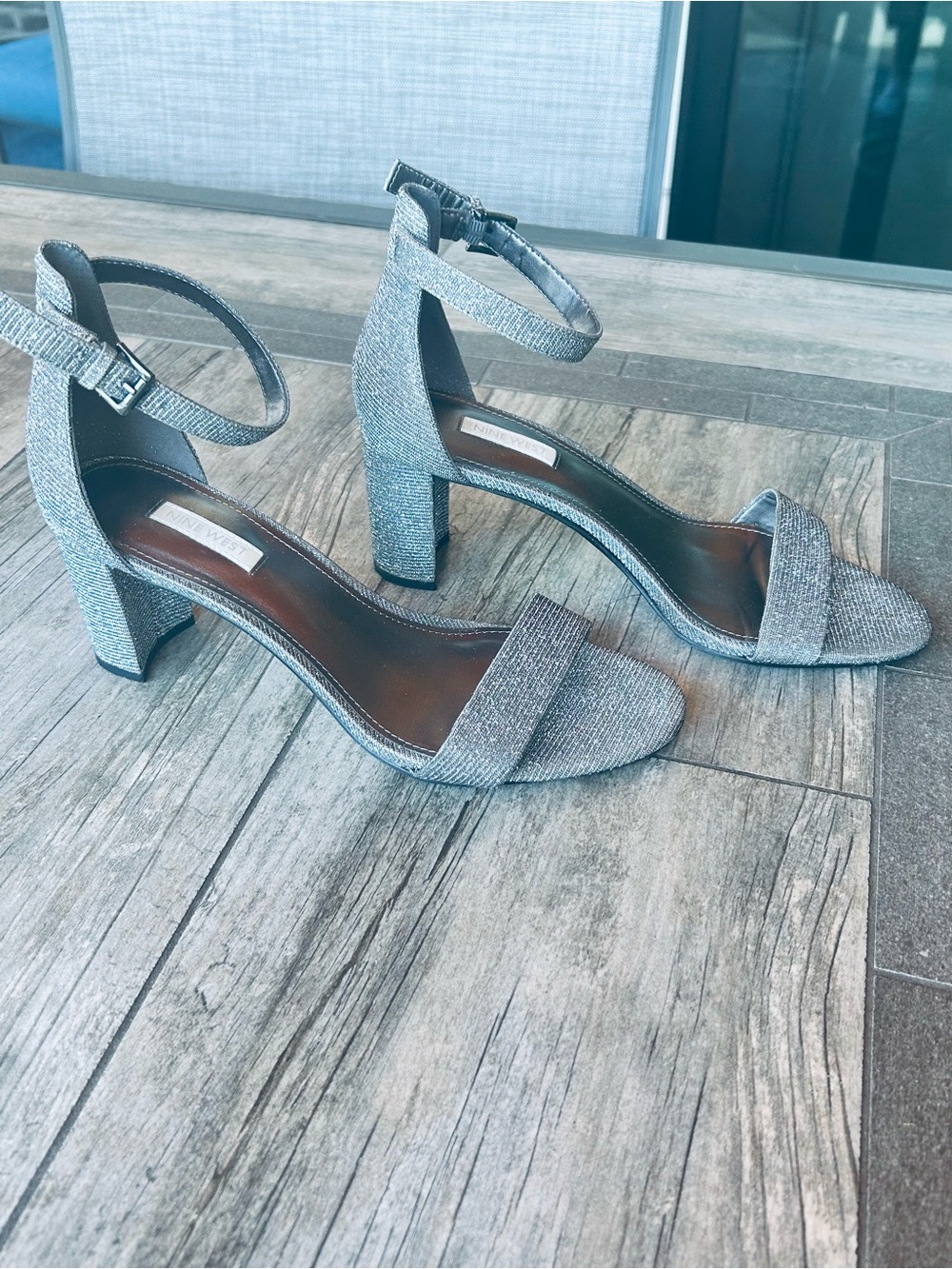 Nine West Block Heel Ankle-Strap Sandals in Silver